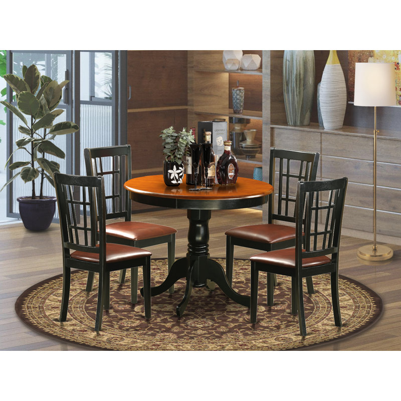 Ensemble de 5 pièces pour 5 pièces comprenant une table de cuisine ronde avec piédestal et 4 chaises de salle à manger en similicuir, 36 po x 36 po, noir et cerise