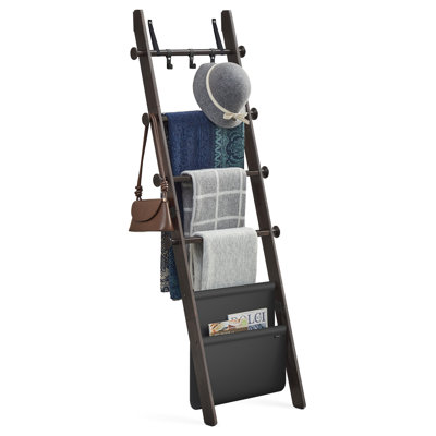 Échelle à couvertures pour le salon, étagère à échelle en bois à 5 niveaux, porte-serviettes décoratif de style campagnard avec sac en cuir synthétique, crochets en métal, crochets latéraux, pour chambre à coucher, noir encre