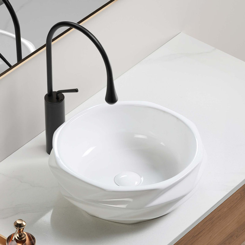 Round Diamond-Quilted Ceramic Vessel Sink - 15.75"×5.9" Textured Bathroom Basin, No Faucet Hole, Gloss Without Drain, Compact For Powder Rooms & RV