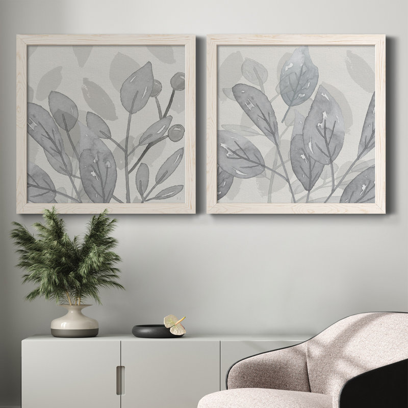 Shadow Leaves I - ensemble de 2 peintures sur toile encadrées, H 27,5 po x l 55 po x P 1,5 po, Cadre blanc
