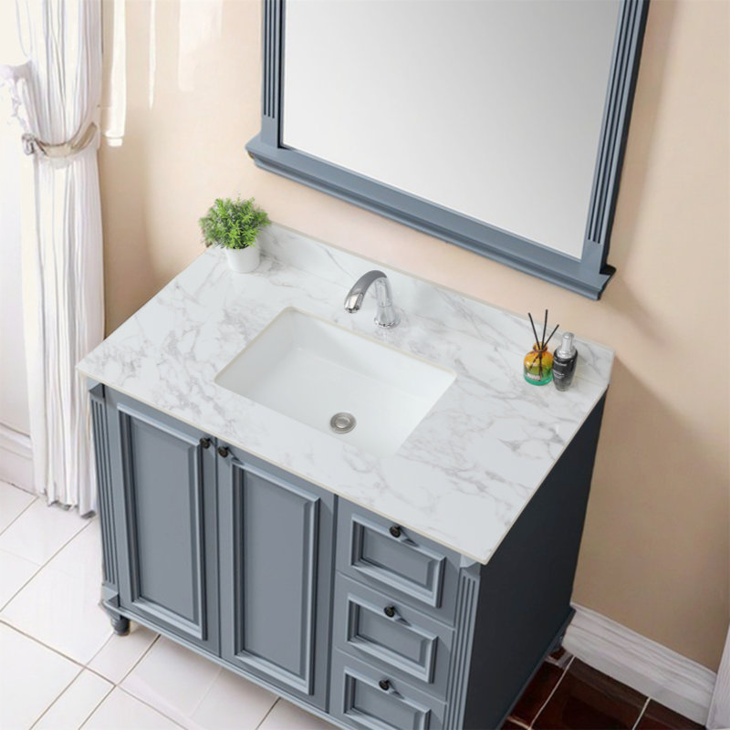 43"X22" Bathroom Vanity Top, Sintered Stone Carra White Barthroom Vanity Sink Tops with Rectangular Undermount Ceramic Sink with Vanity Backsplash, Single/Three Faucet Hole Bathroom Vanity Countertop