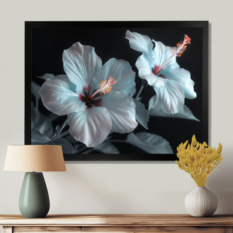 Hibiscus blanc et rose transparent - art mural hibiscus, H 12 po x l 20 po, Cadre simple noir