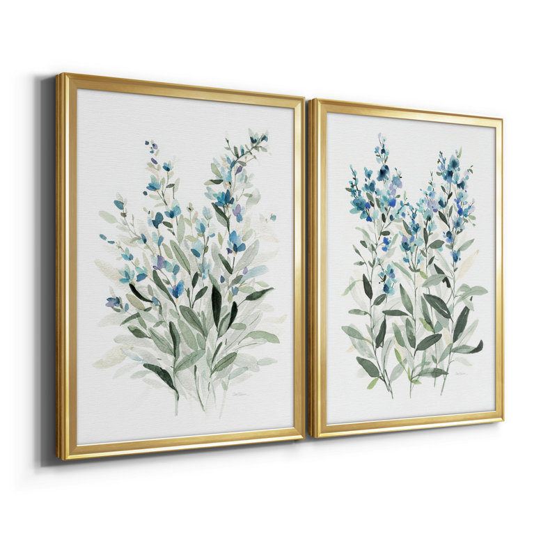«Delicate Blue Botanical I», ensemble de 2 reproductions d'art sur toile encadrées, H 18,5 po x l 49 po x P 1,5 po, Or