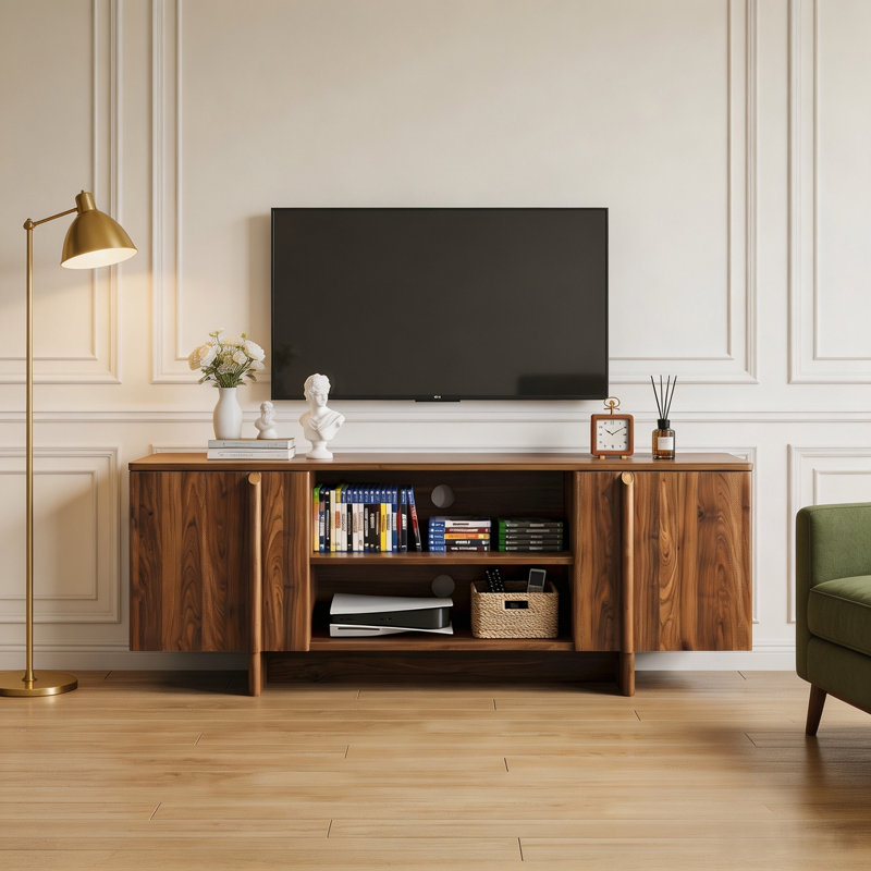 Meuble télé de style ferme du milieu du siècle, 55 pouces, avec rangement et gestion des câbles, noyer