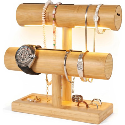 LED Bamboo Jewelry Organizer Stand ， Bracelet Holder, Jewelry Organizers And Storage For Necklace, Watch, Earring, Ring ， Built，In LED Light Natural Wooden Jewelry Display Stand For Dresser Decor