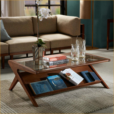 Rocket Angular Pecan Coffee Table with Tempered Glass – Space-Saving Mid-Century Living Room