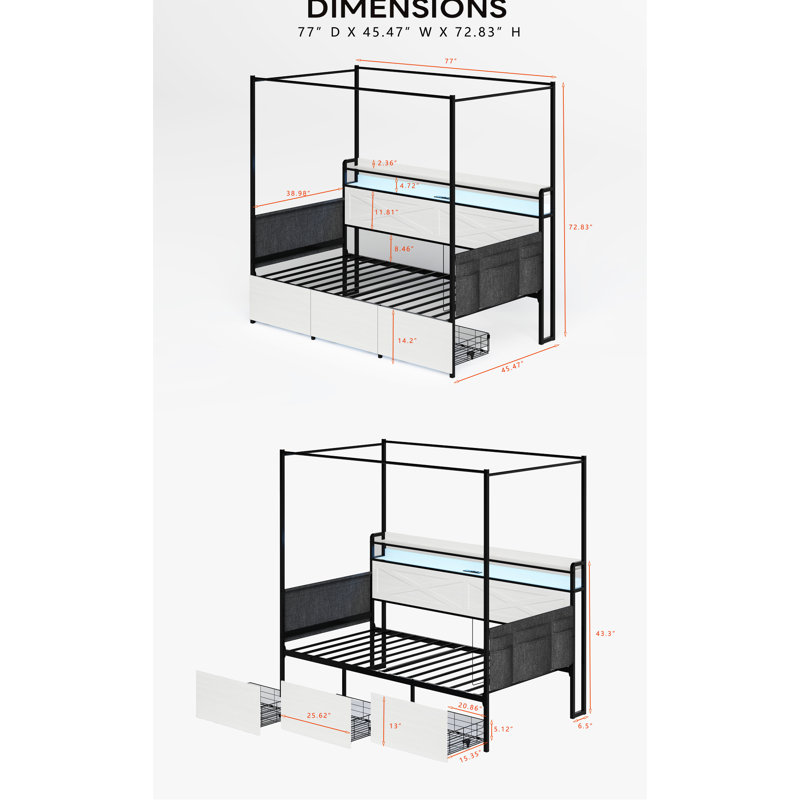 Cadre de lit simple moderne, blanc, avec 3 contenants de rangement à roulettes sous le lit, installation de chargement et rangée de DEL auxiliaire pour la conception de chambre à coucher blanche, compartiments, éclairage de station