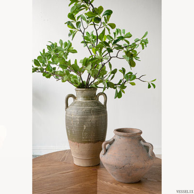 8.7"x8.7"x15.7" Aged Green Terracotta Amphora Vase, Double Handle Rustic Table Accent Vase