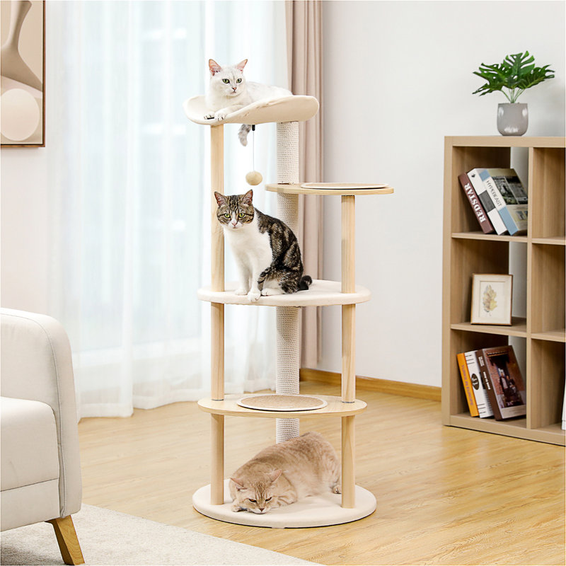 Tour à chat en bois pour chats d'intérieur, maisonnette grimpante à 5 niveaux avec poteaux à griffer en sisal beige