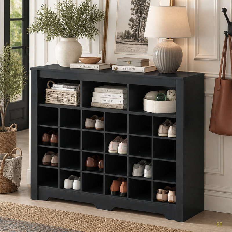 Console élégante à 24 casiers, armoire à chaussures moderne avec base incurvée, buffet polyvalent de haute qualité pour le couloir, la chambre à coucher et le salon