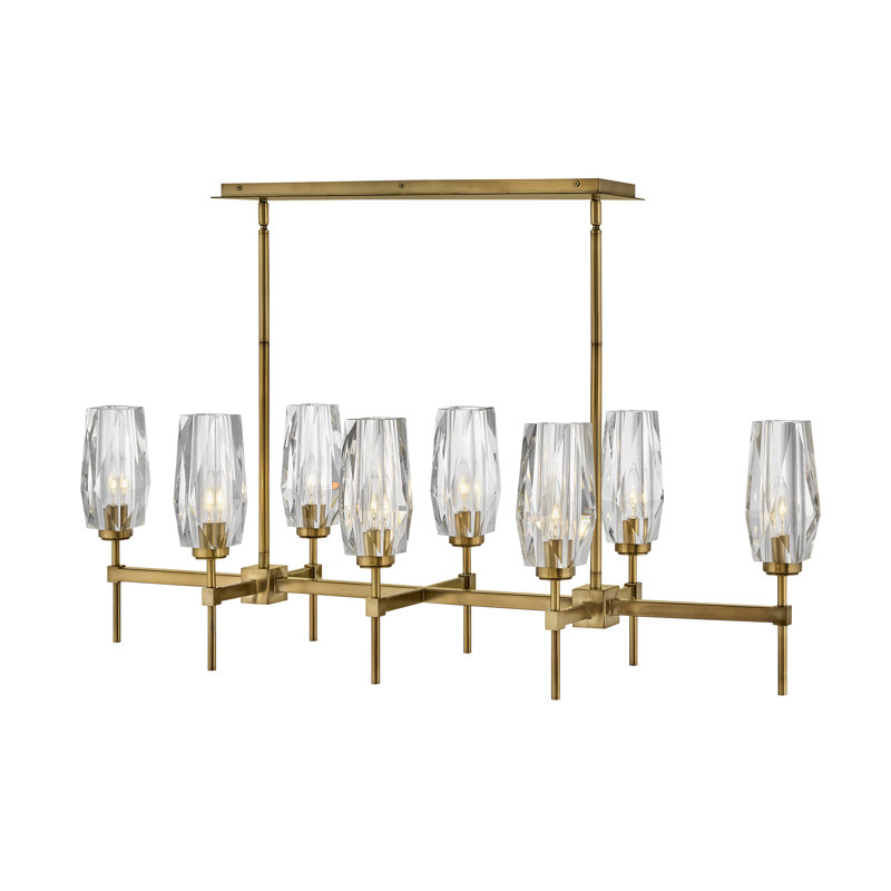 Ana 8-Light Linear Chandelier w/ Faceted Heavy-Cut Diamond-Shaped Crystal Shades - Heritage Brass