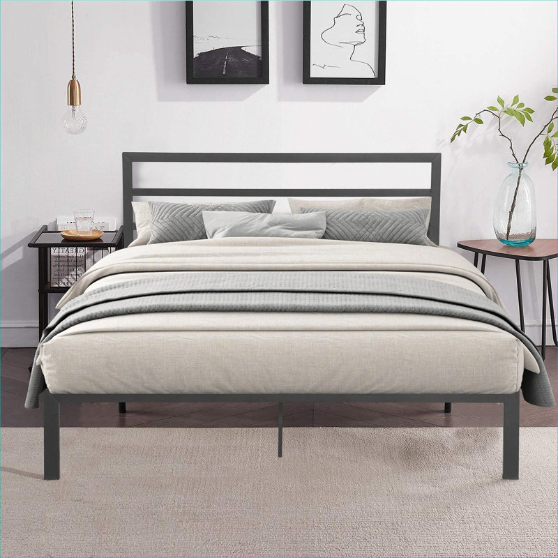 Lit plateforme grand format moderne avec structure en métal robuste avec tête de lit, pas de sommier tapissier nécessaire en gris froid