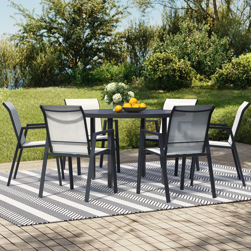 Table d'extérieur en métal, table ronde pour 6 personnes avec trou pour parasol, table de patio au design minimaliste moderne