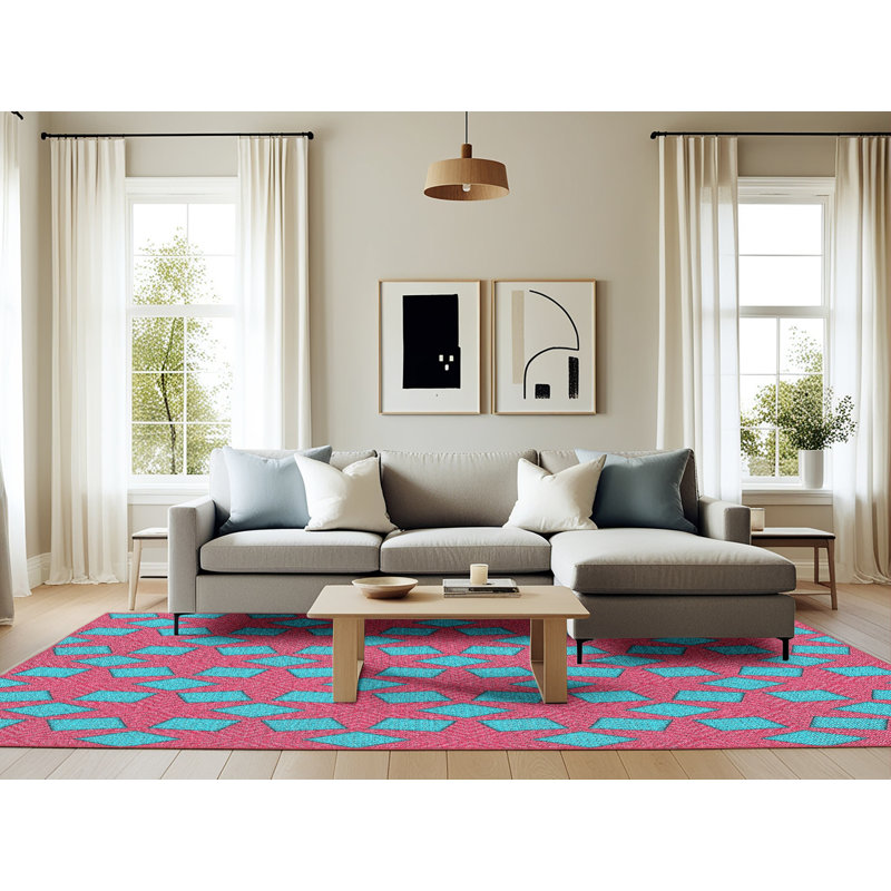 Tapis rose/bleu à motifs, Rectangle 6 pi x 9 pi