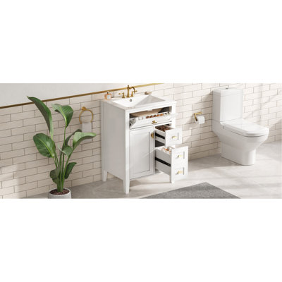 Meuble-lavabo blanc de 24 po avec lavabo, panneau de fibres à densité moyenne et fabrication en bois d'hévéa, 3 tiroirs et armoire avec support de rangement à 2 niveaux, porte et tiroirs à fermeture douce, conception moderne pour les petites et moyennes salles de bain