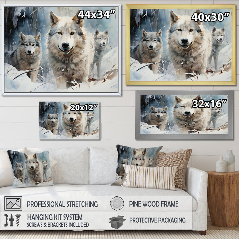 Neige loups en hiver III - loup, art mural, H 16 po x l 32 po x P 1 po, Toile tendue