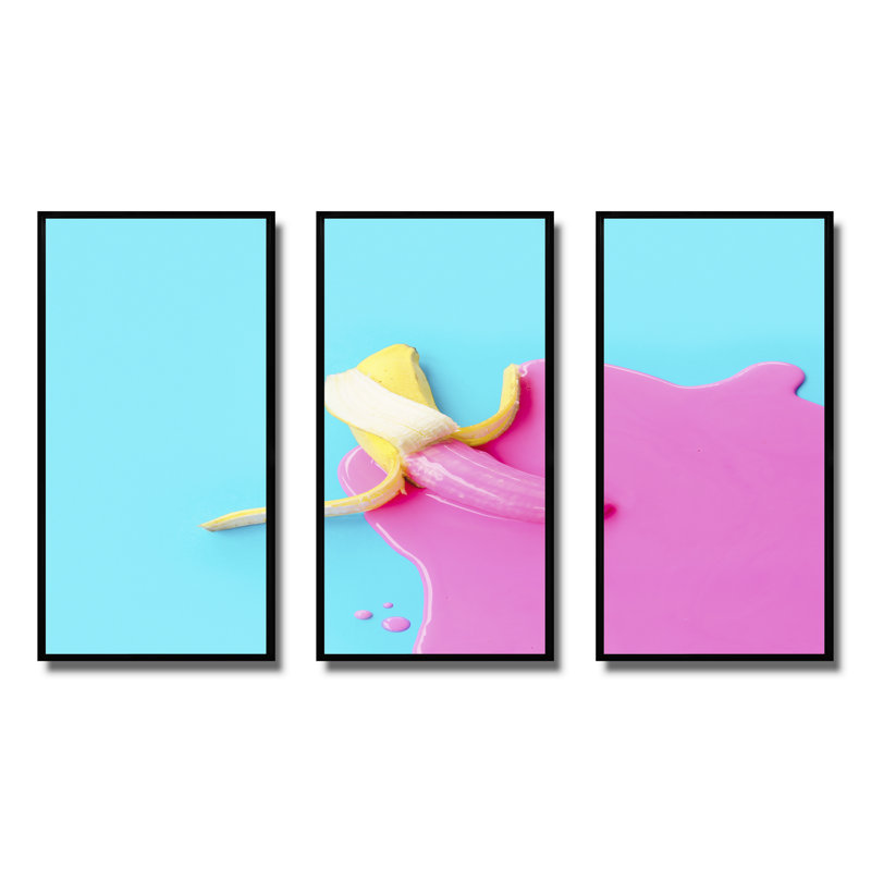 Banane rose et bleue - ensemble d'art mural moderne sur toile encadrée 3 pièces, H 32 po x l 48 po x P 1 po, Noir