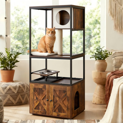Maisonnette pour chat 58 po avec bac à litière et bols surélevés Kimmel