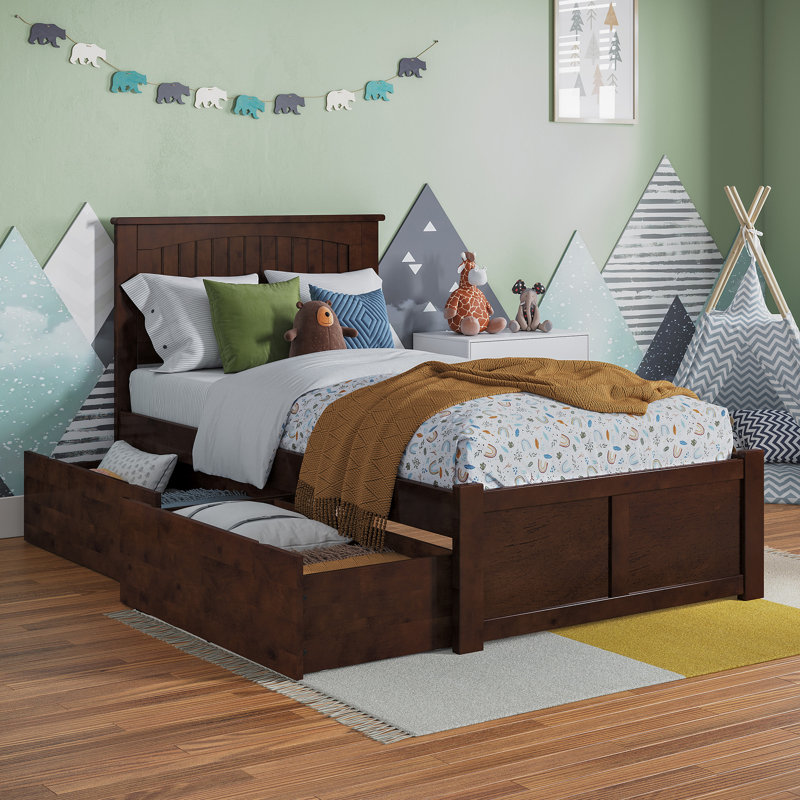 Lit plateforme en bois massif avec pied de lit et tiroirs de rangement Nantucket, Simple, Noyer