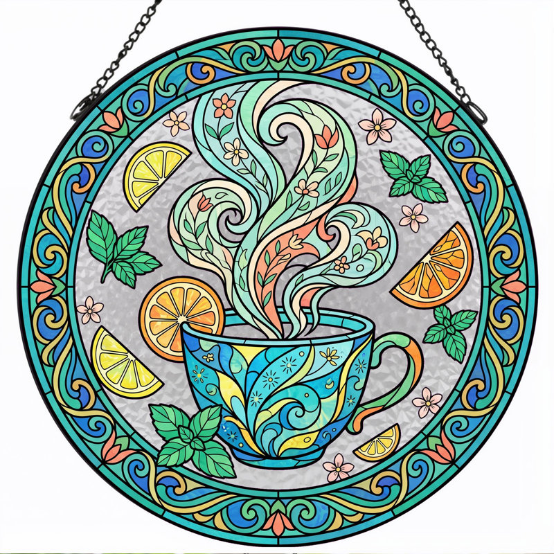Panneau de vitrail de tasse à thé ， 12 po, 12"H