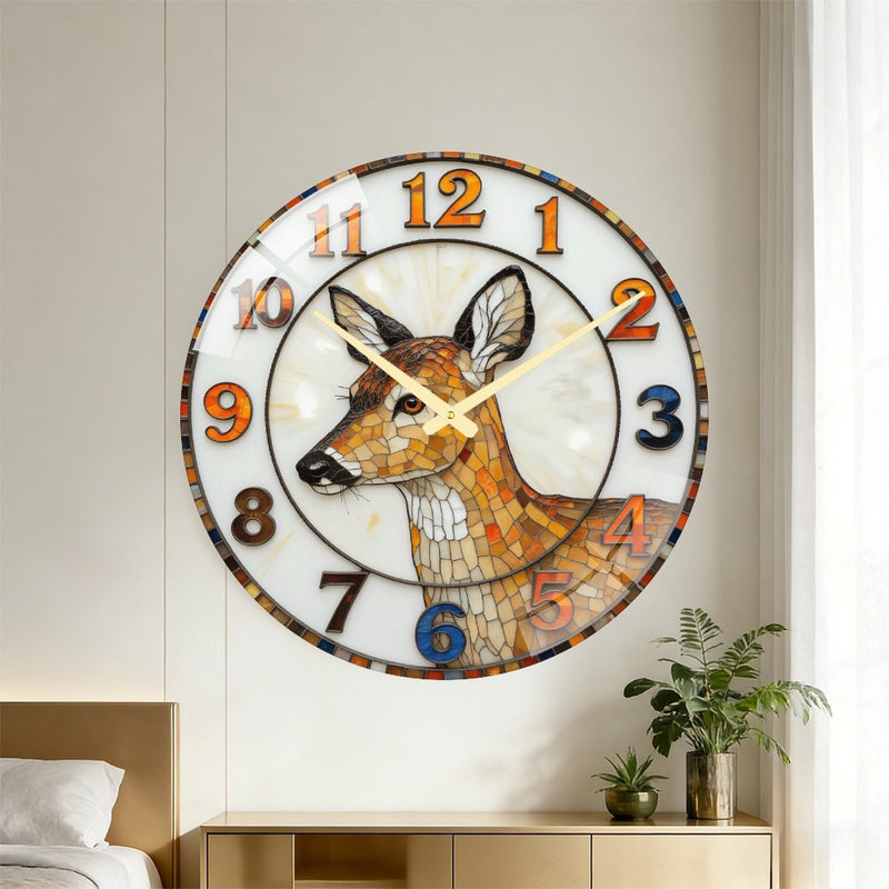 Horloge murale décorative en mosaïque représentant un cerf - 61 cm (24 pouces) - Style moderne - Verre