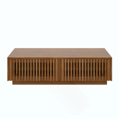 Mid Century Modern Solid Wood Coffee Table with Slatted Storage Drawers, Rectangular Low Profile Wooden Cocktail Table, Farmhouse Hidden Storage Cente