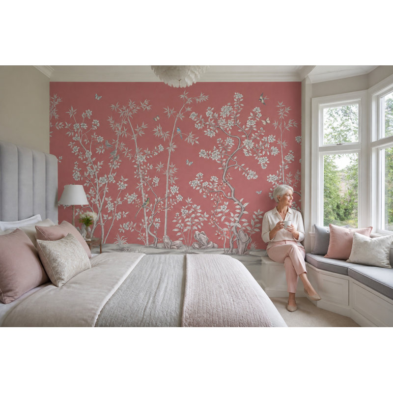 Papier peint floral amovible rose de style chinoiserie, 160"x108", Non-Woven Nonpasted