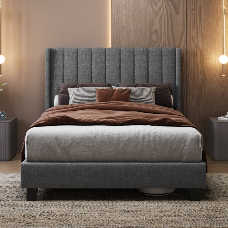 Upholstered Bed Frame with Channel Tufted Headboard, Double (4'6), Light Grey
