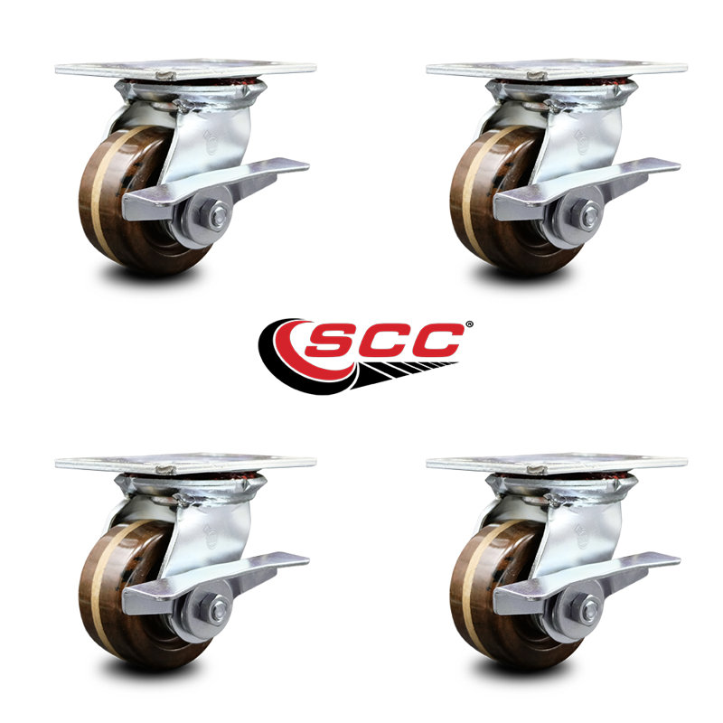 4 Inch Heavy Duty High Temp Phenolic Caster Set with Roller Bearings and Brakes