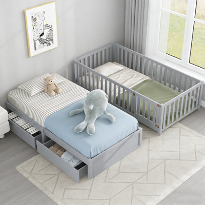 Gray Twin Wood Daybed - Fence Guardrails, 2 Drawers, Convertible To Independent Floor Bed & Daybed