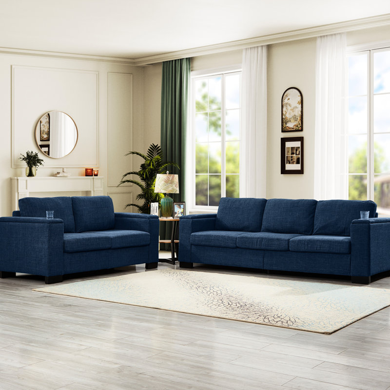 Canapé 5 places rembourré bleu, accoudoirs carrés avec porte-gobelet et rangement, salon confortable en éponge à haute densité 2 + 3 en tissu, coussins démontables avec structure en bois massif