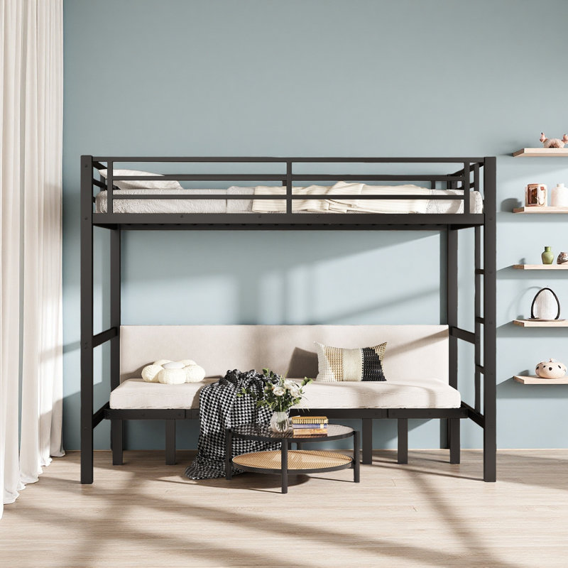 Twin XL Over Twin XL Size Pull-Out Metal Bunk Bed, Lower Bunk Can Be Pulled Out In Three Sections, Top Bunk Equipped With Safety Rails