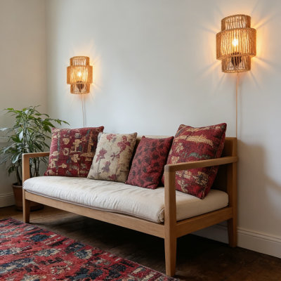 Handwoven Bohemian Wall Sconce Plug-In Light Fixture Set Of 2 With Switch, Natural Woven Lampshade For Bedroom, Living Room, Hallway, And Porch Decor