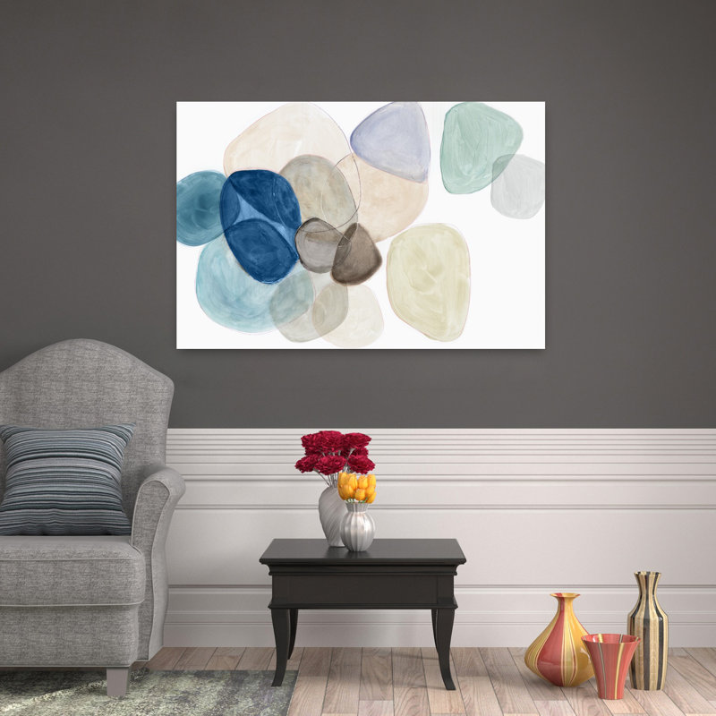 «Blue Bubbles Merge I», art géométrique minimaliste abstrait, H 32 po x l 48 po