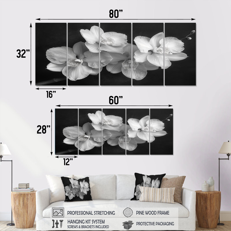 «Botanical Magic Black and Orchids Photo II», ensemble d'art mural sur toile Orchidées, H 32 po x l 80 po