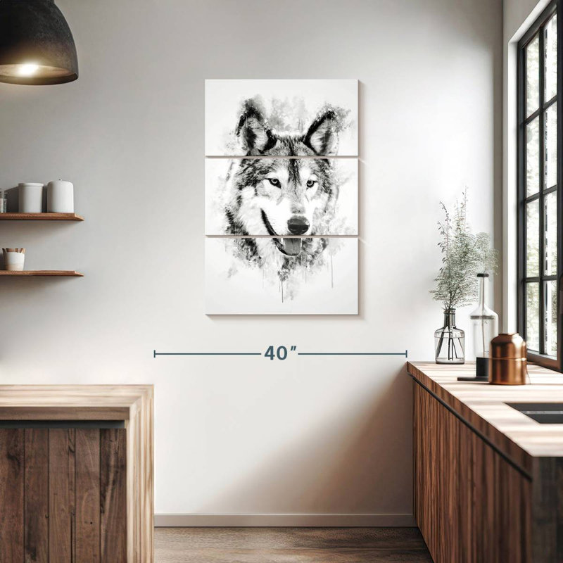 Tête de loup en noir et blanc, H 38 po x l 24 po