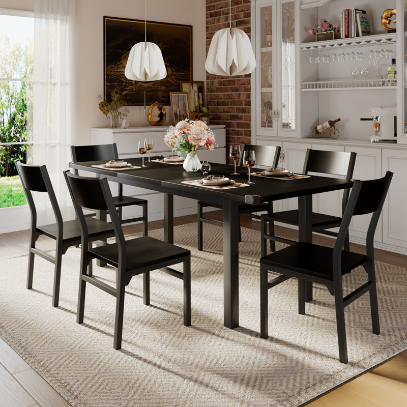 Ensemble de table de salle à manger 7 pièces Einhomn avec 6 chaises, ensemble de table de cuisine extensible de 63 po pour 4 à 6 personnes, table de salle à manger avec structure en métal et panneau de fibres à densité moyenne, parfait pour les petits appartements et facile à nettoyer