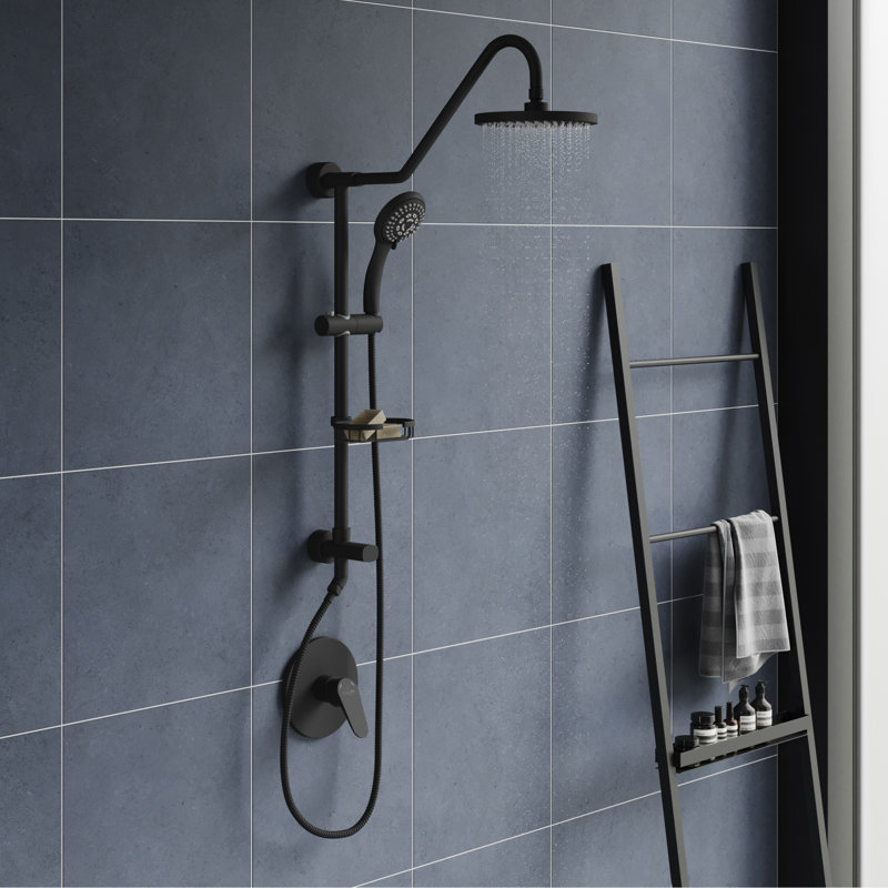 Kauai III 8-in Rain Showerhead Shower System with Slide Bar and Integrated Soap Dish, Matte Black