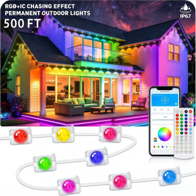 Guirlande lumineuse extérieure permanente RGB-IC de 60 m (200 pi), 24 V, Bluetooth, application, télécommande 44 touches, synchronisation musicale avec microphone et minuterie activée par le son, étanchéité IP67 pour une utilisation extérieure toute l'année. Décoration de Noël extérieure toute l'année.