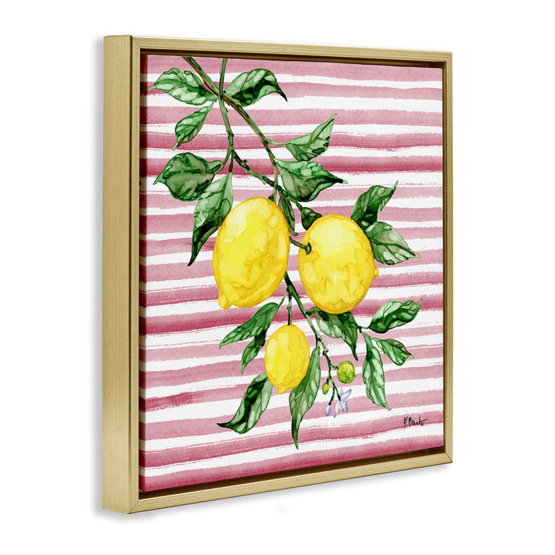 Vigne citron juteuse sur cadre flottant rose, design par Paul Brent, H 18 po x l 18 po, Cadre flottant métallique doré