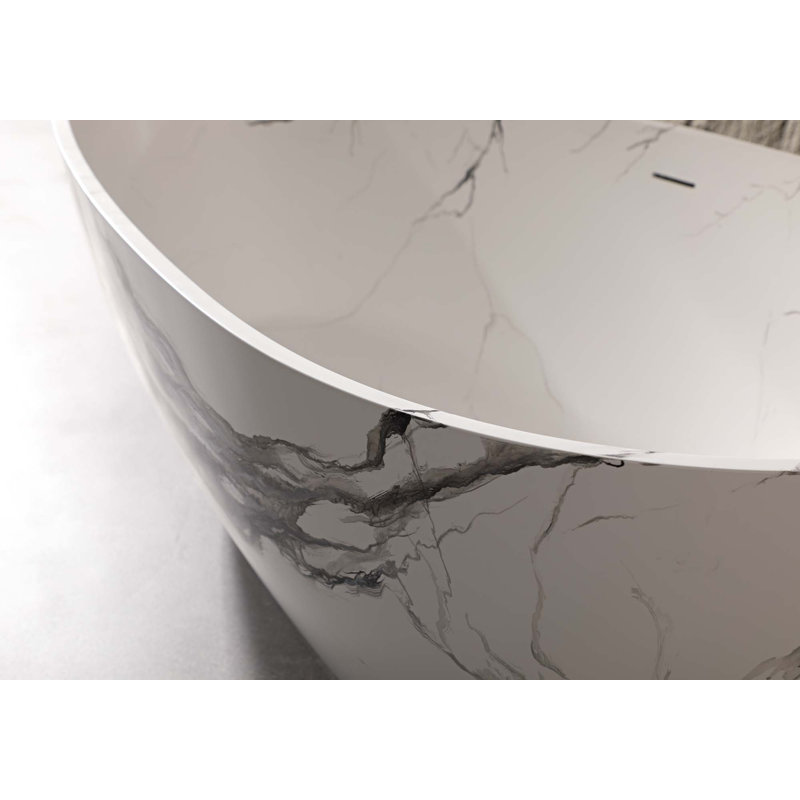 Baignoire autoportante de 59 po à surface solide avec finition en marbre de style encre, baignoire en pierre de résine de conception d'œuf avec dossier