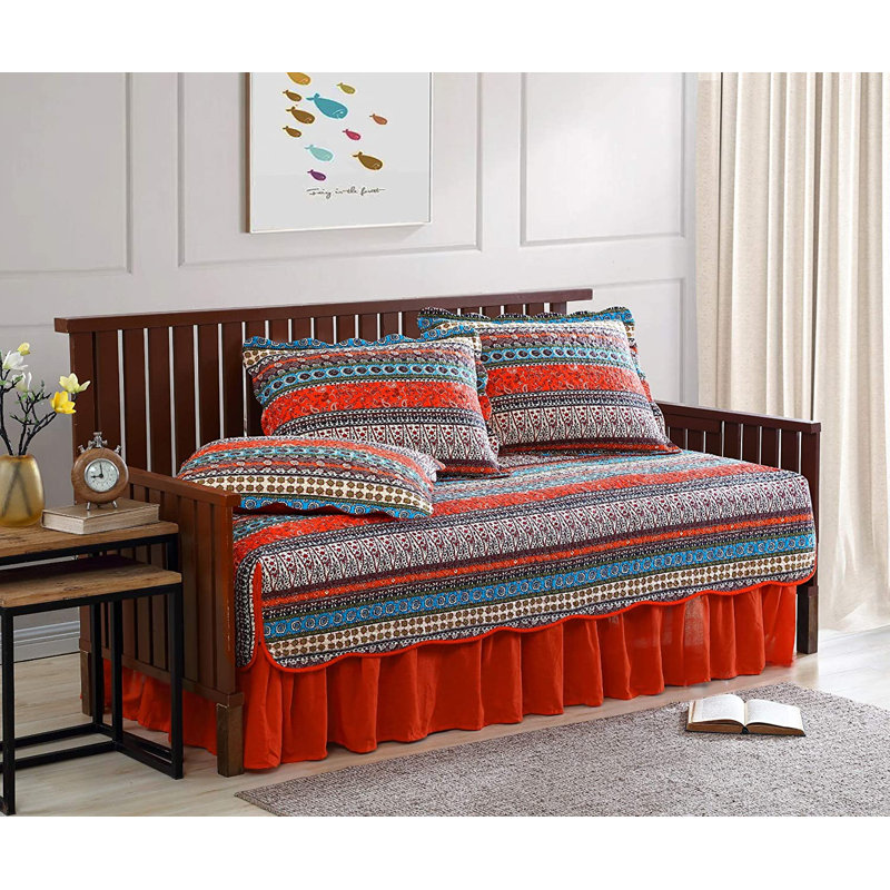 Boho Floral Cotton Reversible Quilt Set, Daybed Quilt + 4 Additional Pieces, Orange