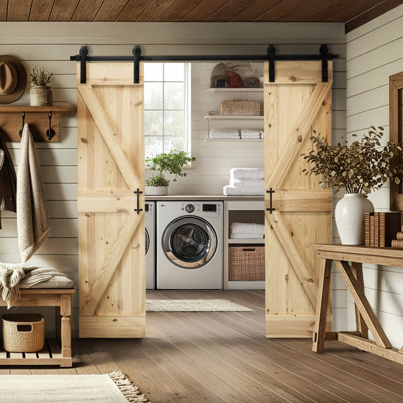 Double Solid Pine Wood Barn Door Set, Unfinished Wood