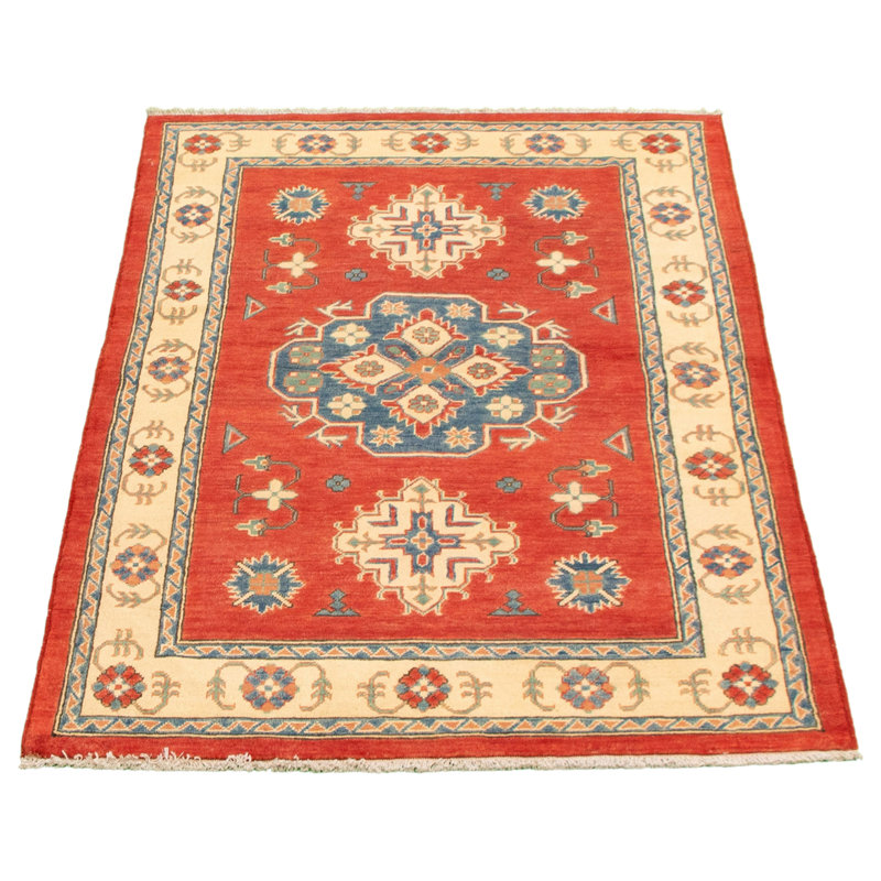 Tapis unique en laine noué à la main 4 pi x 6 pi 3 po rouge / beige nouvel âge Saranda Saranda