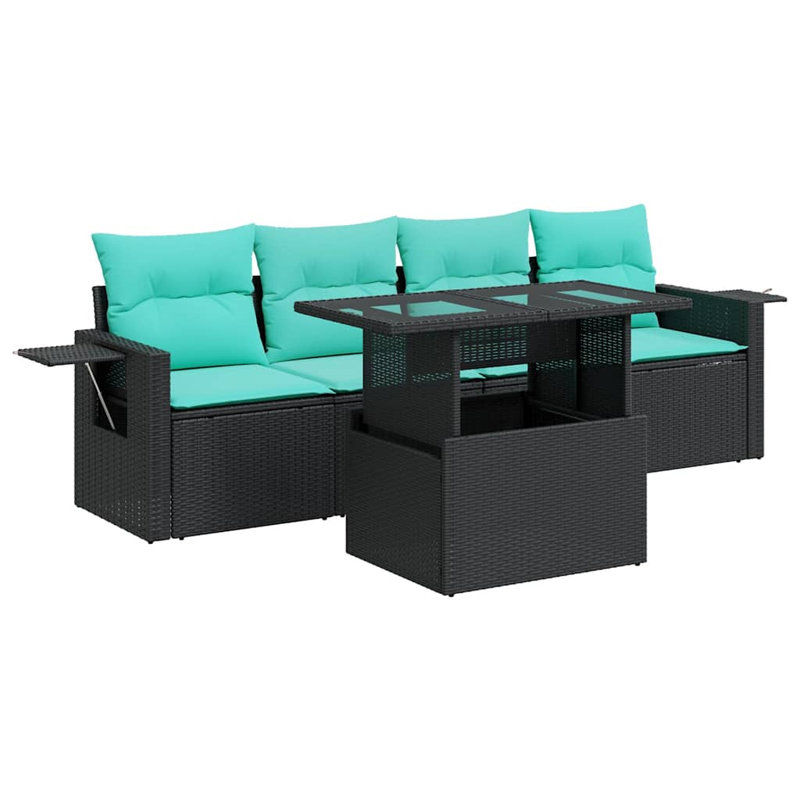 Ensemble de canapé de patio 5 pièces avec coussins en rotin polyacacia, Brun, Vert