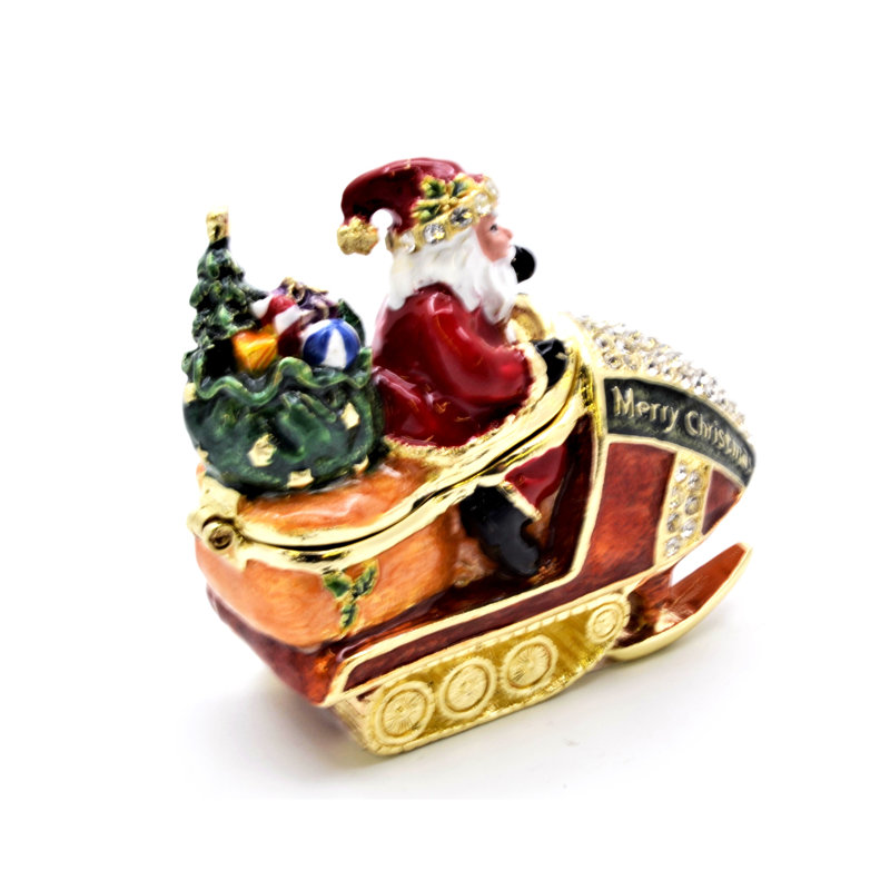 Boîte de bibelot père Noël sur jet ski. Émail coloré avec cristaux autrichiens