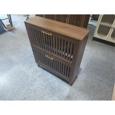 Armoire de rangement pour chaussures de 31,5 pouces en noyer, armoire à chaussures indépendante de style médiéval moderne, armoire à chaussures de clôture avec 2 tiroirs rabattables, convient aux couloirs et aux entrées