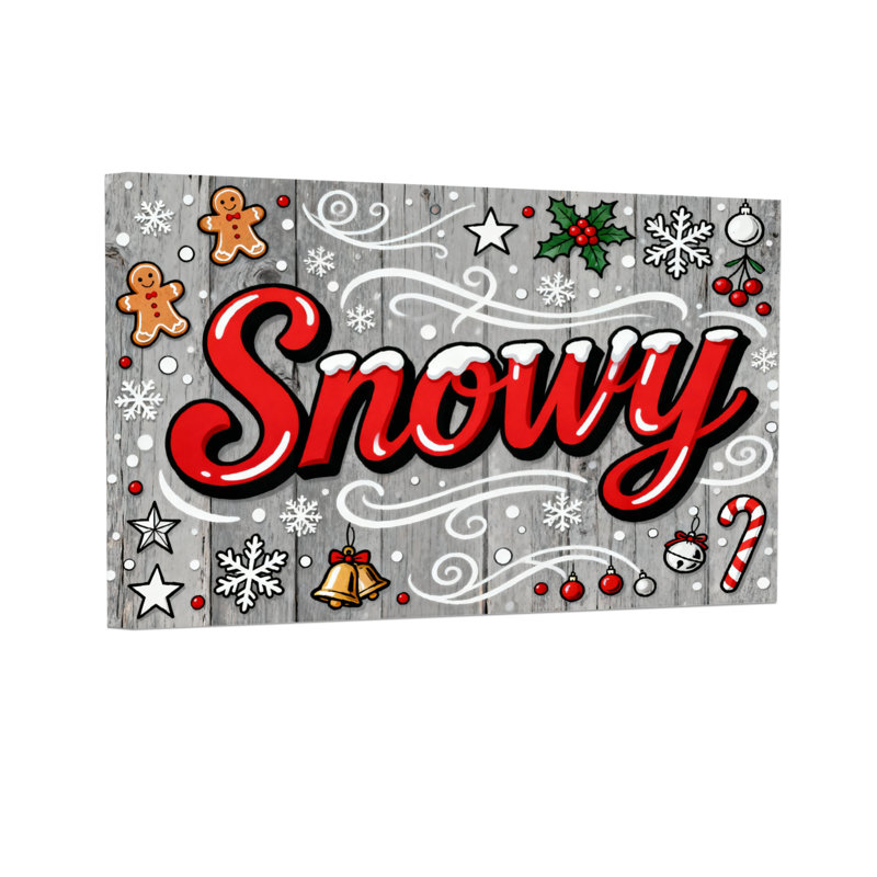 Motif décoratif de Noël enneigé sur fond en bois, H 12 po x l 18 po