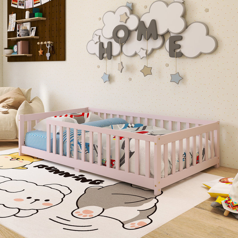 Wood Frame Twin Size Floor Bed With Fence Without Door, Natural