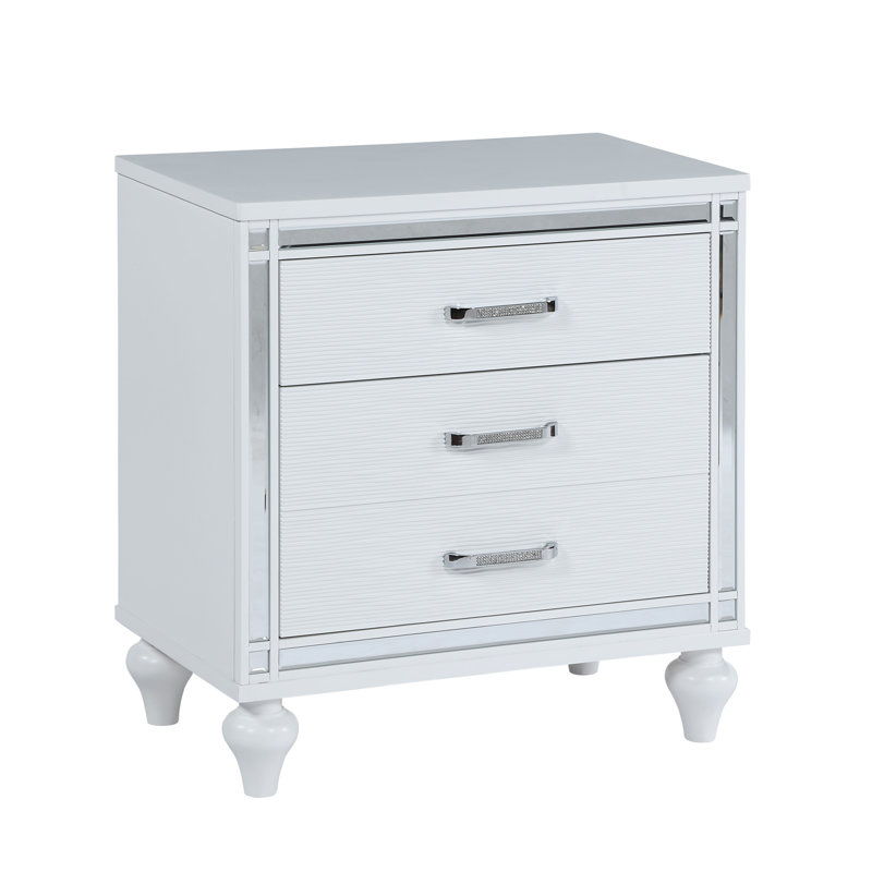 Nightstands with mirror frame accents, Bedside Table with two drawers and one hidden drawer, End Table with Crystal Pull for Living Room,Bedroom, White